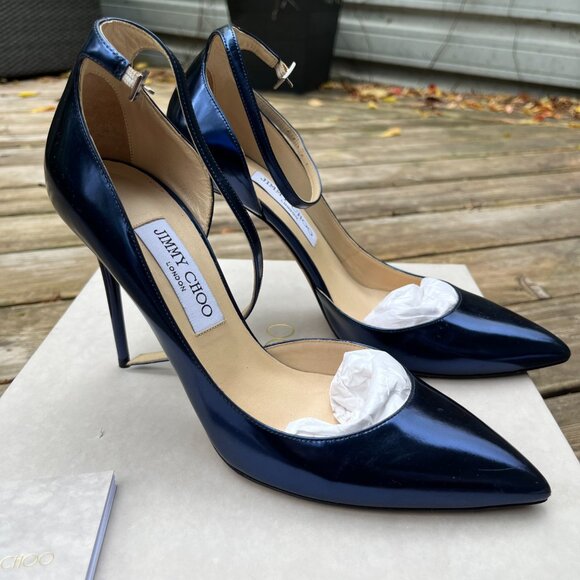Jimmy Choo Lucy 100 Heels Metallic Denim Mirror Leather – Size 39.5 - Picture 5 of 10